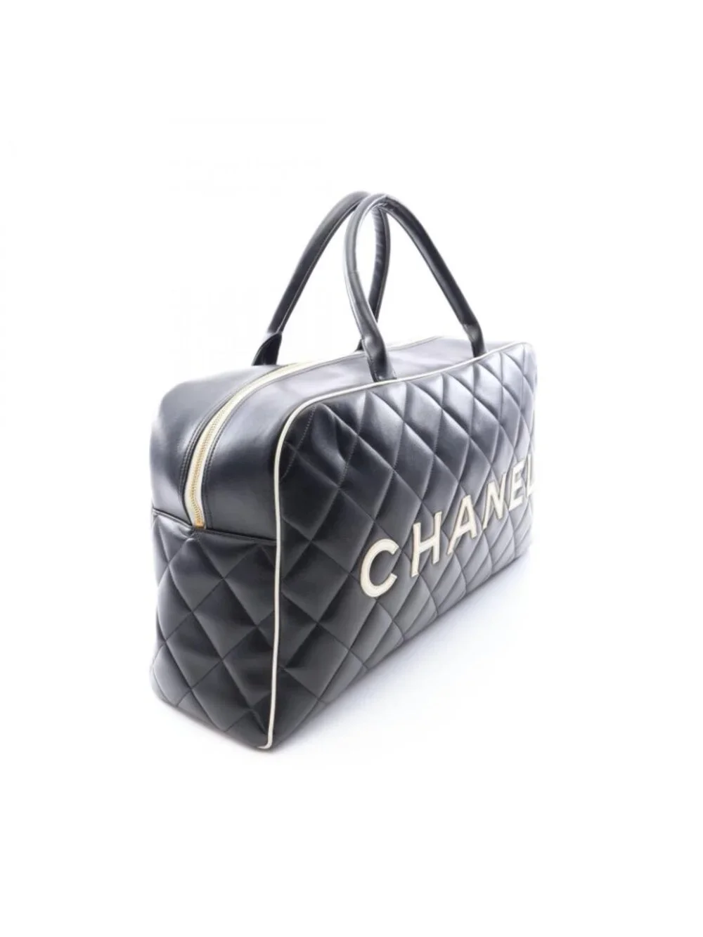 Chanel Boston Bag Quilted Logo Black Leather